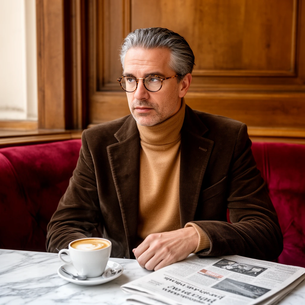 Sophisticated café portrait with warm tones