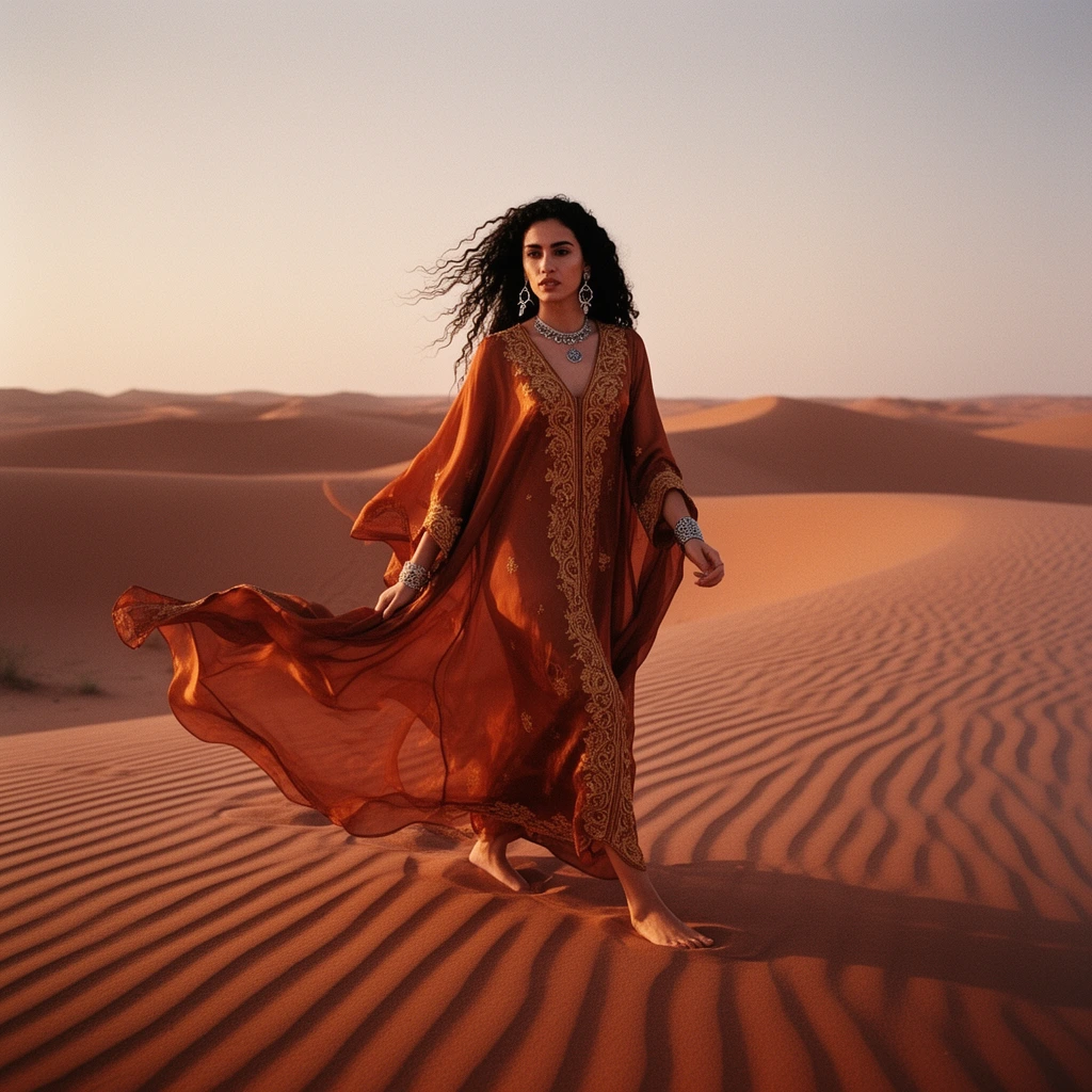 Desert fashion editorial at golden hour