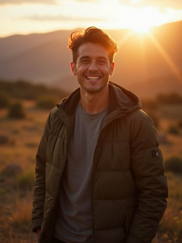 outdoor portrait of a person in nature setting with dramatic landscape background. Natural sunlight  - ai-photos AI photo