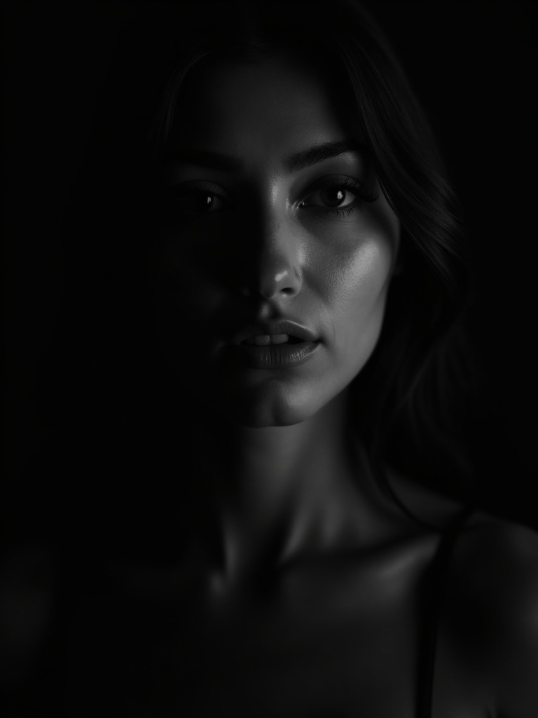 black and white portrait photograph of a person with dramatic side lighting creating strong contrast - ai-photos AI photo