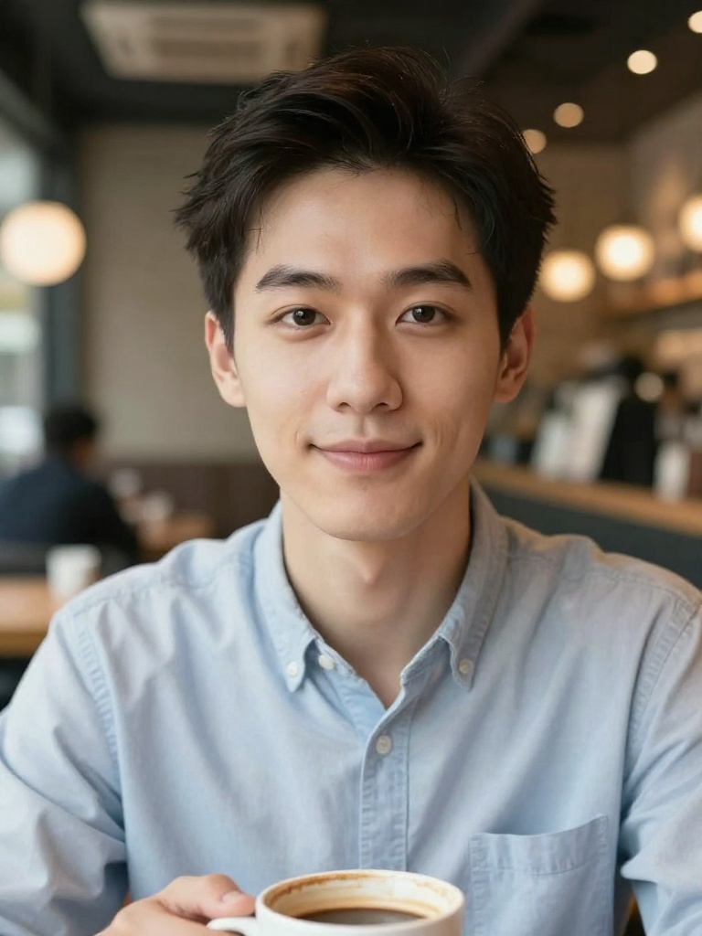 -looking selfie of a person in a modern cafe setting - ai-selfie AI photo