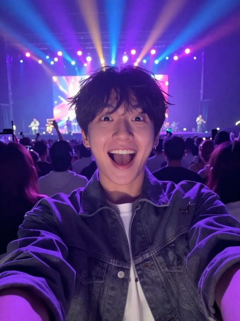 Concert or event selfie of a person with colorful stage lights creating bokeh in background. The per - ai-selfie AI photo