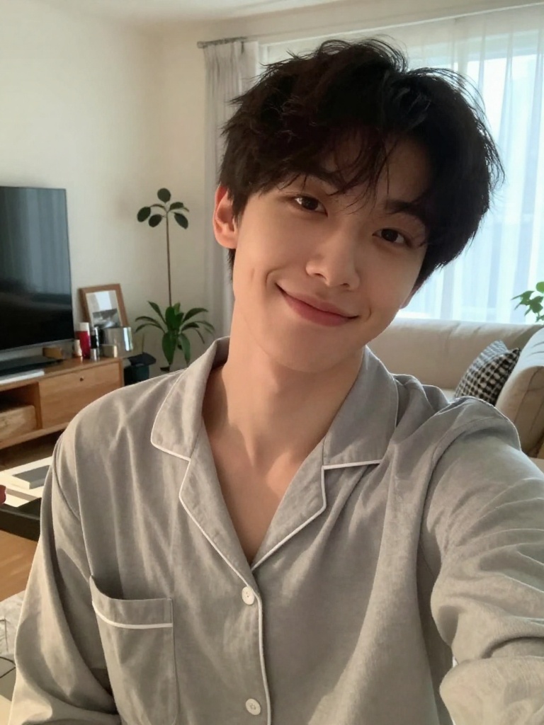 Casual indoor selfie of a person at home in cozy setting - ai-selfie AI photo