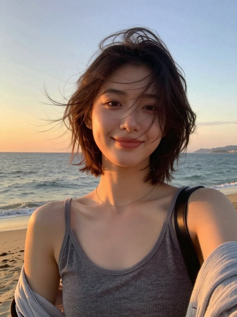 Beach sunset selfie photograph of a person with ocean and colorful sky in background. The person wea - ai-selfie AI photo