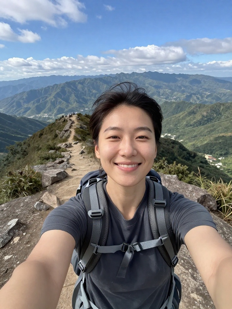 Hiking trail selfie of a person at scenic mountain viewpoint - ai-selfie AI photo