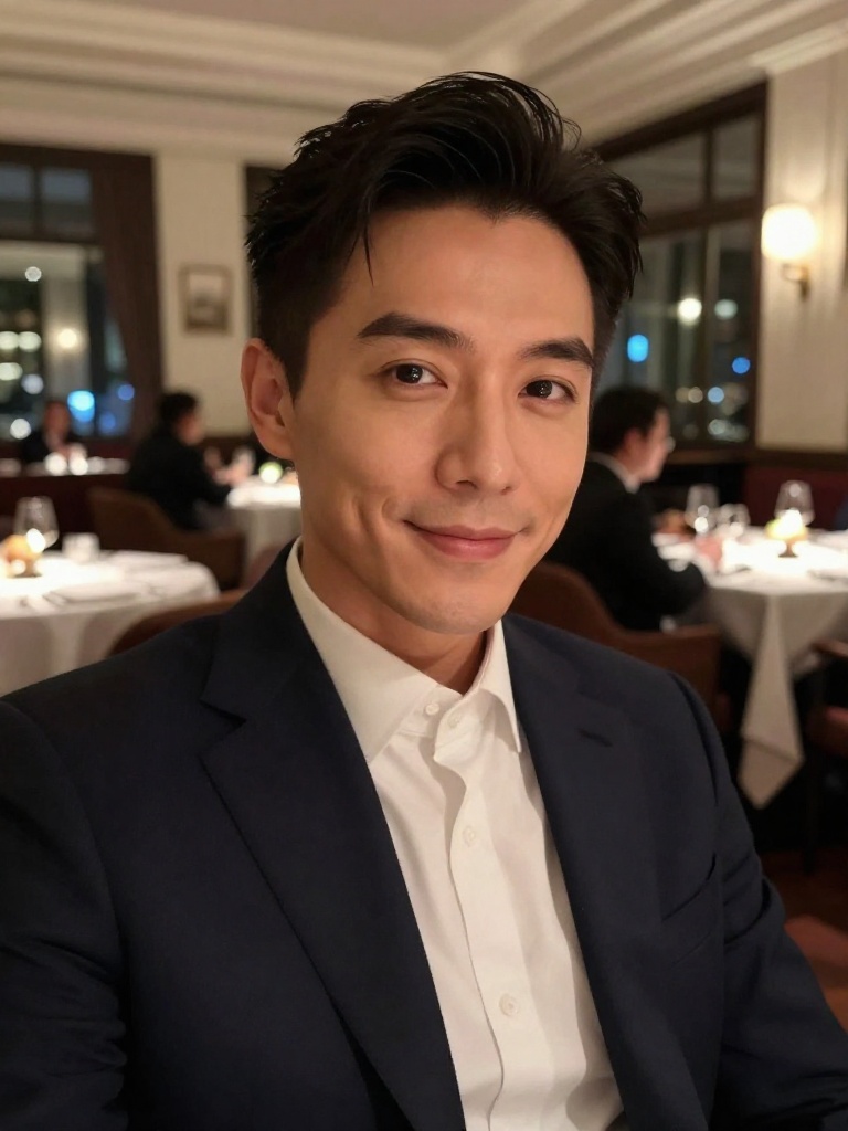 Restaurant selfie of a person at upscale dining venue - ai-selfie AI photo