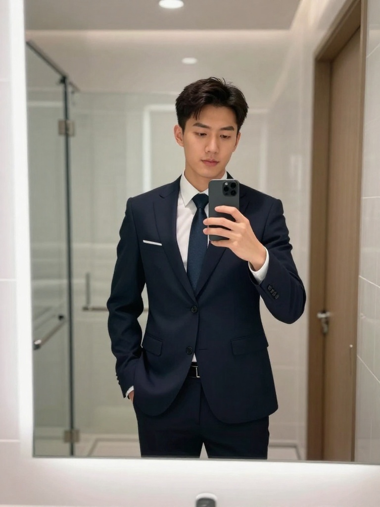 Morning bathroom mirror selfie of a person in professional work attire - ai-selfie AI photo