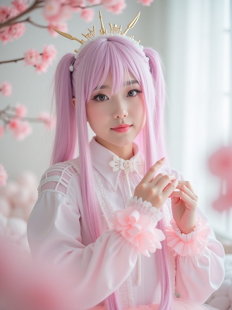 cosplay photograph of a person wearing pastel-colored magical girl inspired costume with flowing rib - anime AI photo