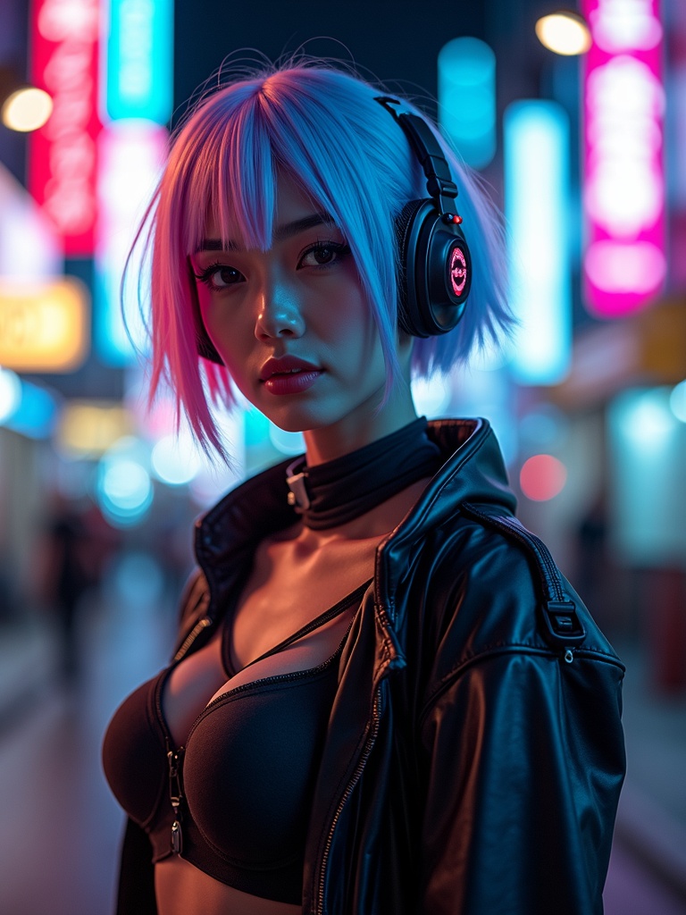 cyberpunk cosplay portrait of a person wearing futuristic anime-inspired outfit with neon accents - anime AI photo