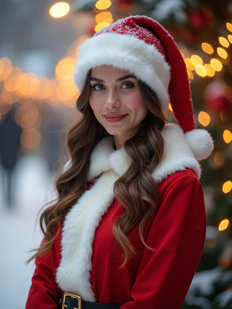 portrait photograph of a person wearing a festive red and white Santa Claus costume with white fur t - christmas AI photo