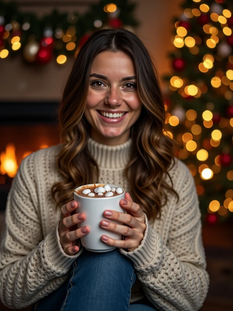 lifestyle photograph of a person smiling and wearing an elegant cable-knit winter sweater - christmas AI photo