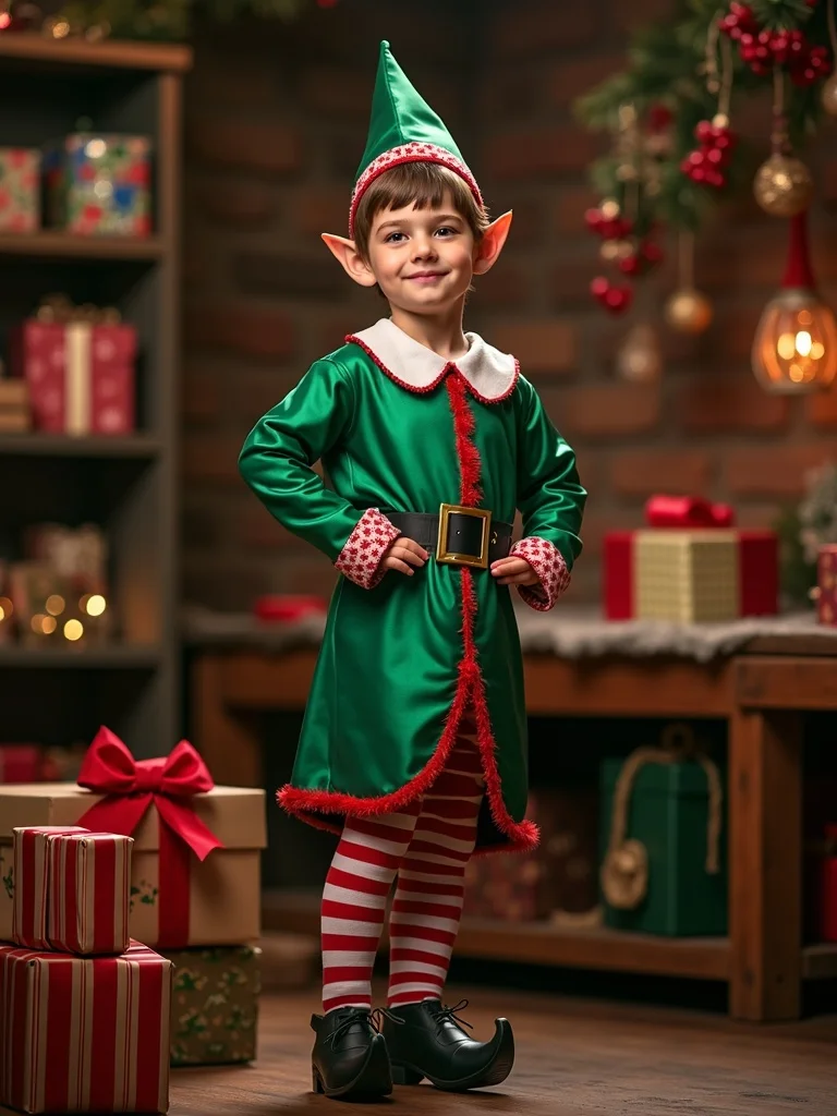 photograph of a person dressed in a festive green and red elf costume with striped details and a poi - christmas AI photo