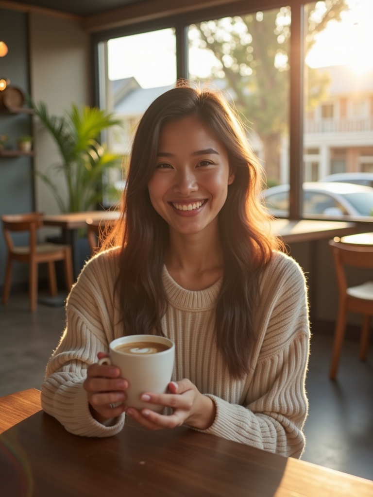 lifestyle photograph of a person sitting in modern minimalist coffee shop - coffee AI photo