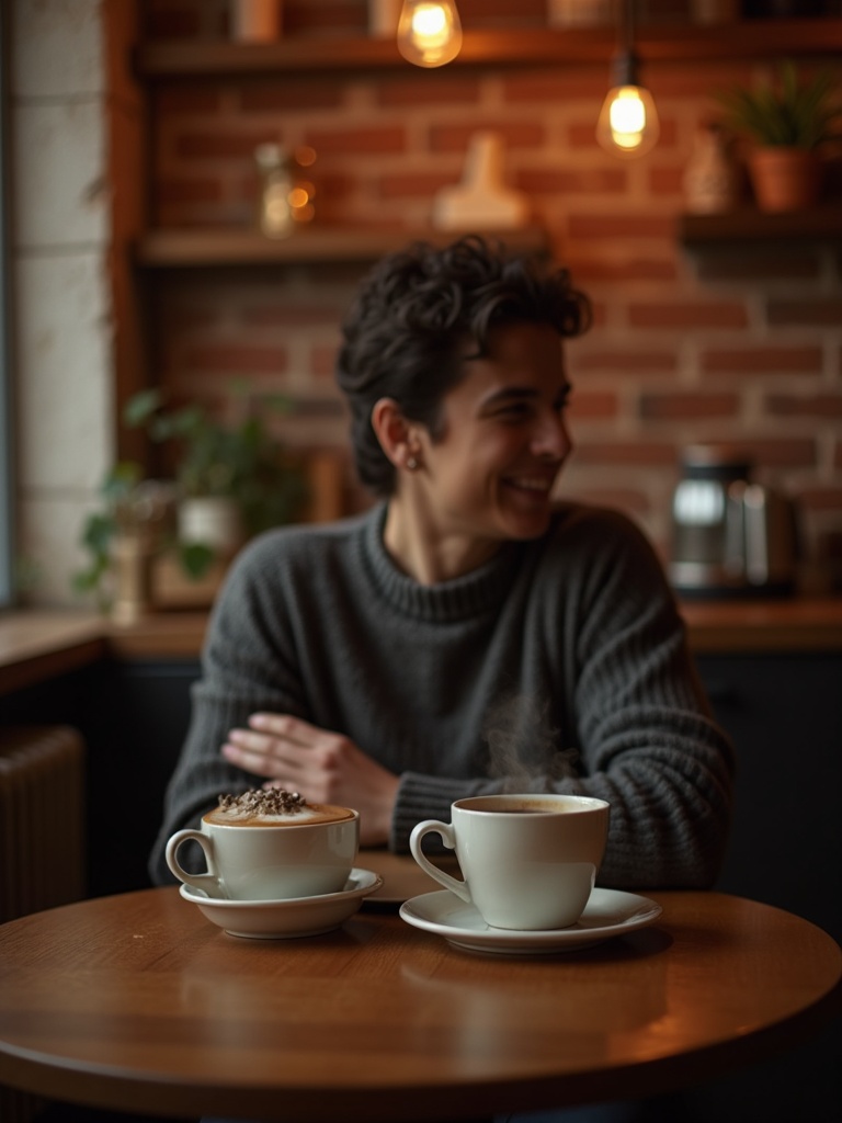 cafe lifestyle photograph of a person enjoying coffee at cozy vintage coffee shop with rustic brick  - coffee AI photo