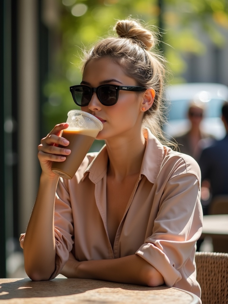 outdoor lifestyle photograph of a person at cafe patio seating - coffee AI photo