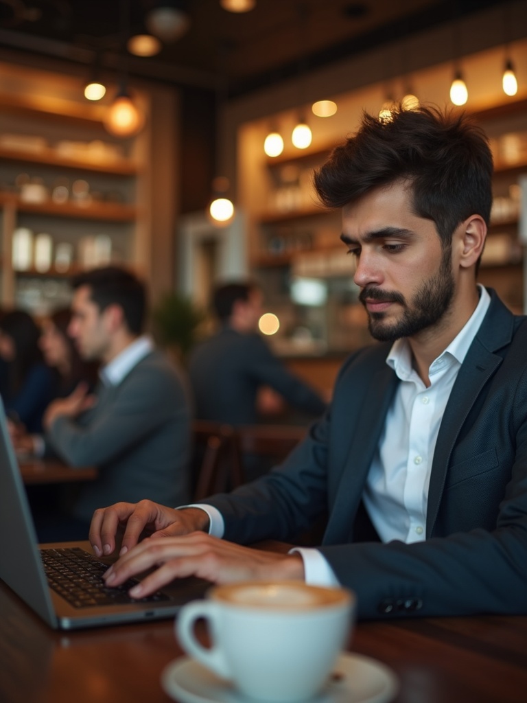 lifestyle photograph of a person working on laptop in busy coffee shop - coffee AI photo