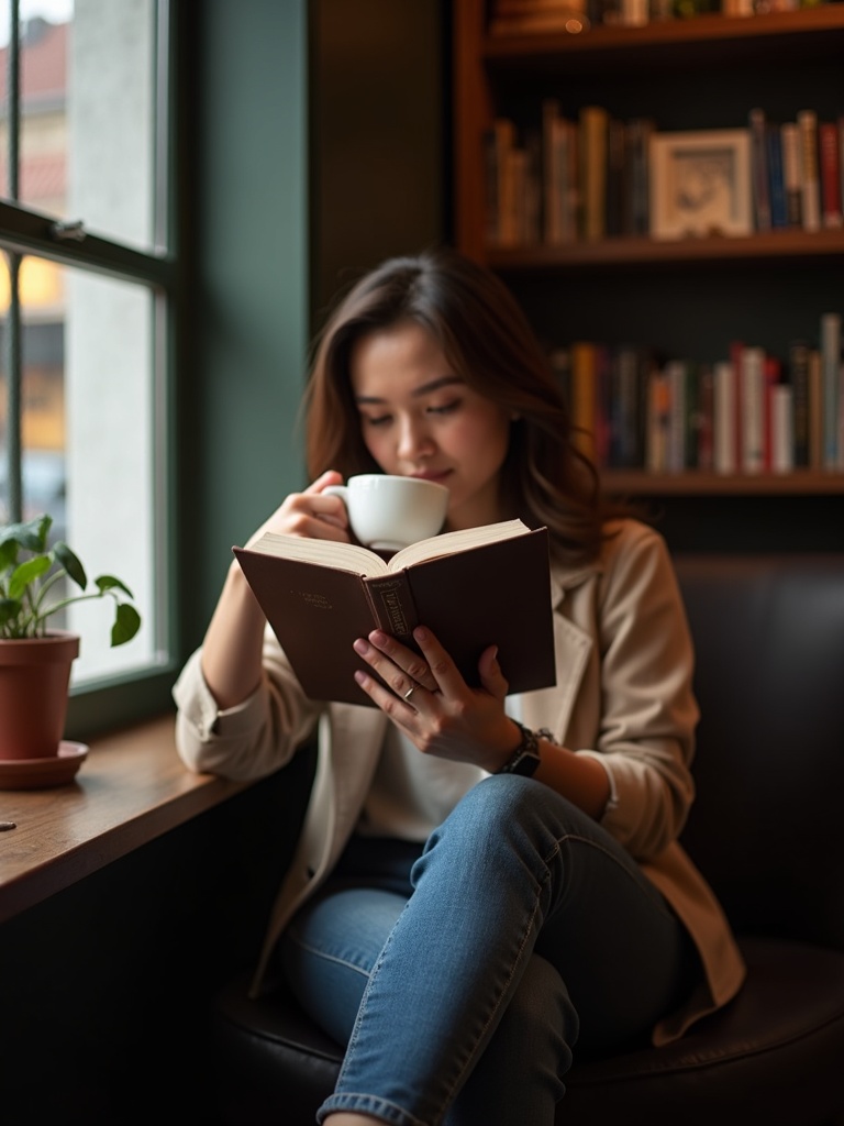 lifestyle photograph of a person reading a book while enjoying coffee in quiet corner of artsy indep - coffee AI photo