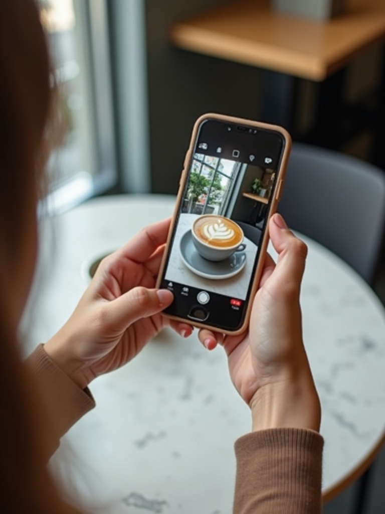 lifestyle photograph of a person taking Instagram-worthy photo of beautiful latte art in ceramic cup - coffee AI photo