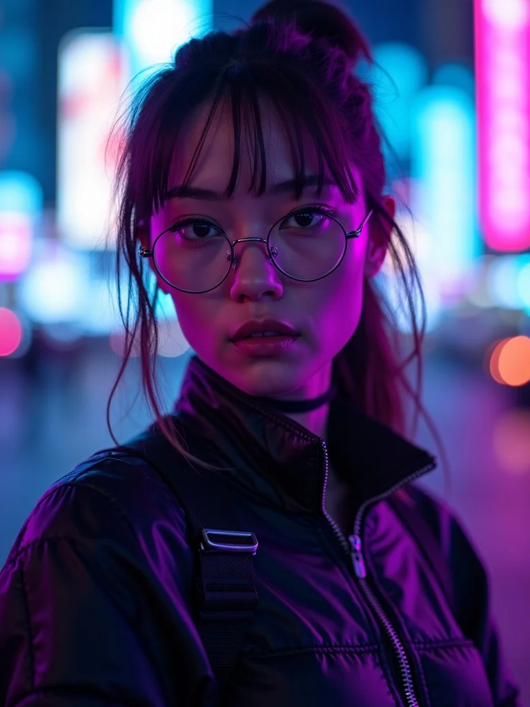 cyberpunk portrait photograph of a person wearing futuristic tech wear with neon accents - cyberpunk AI photo