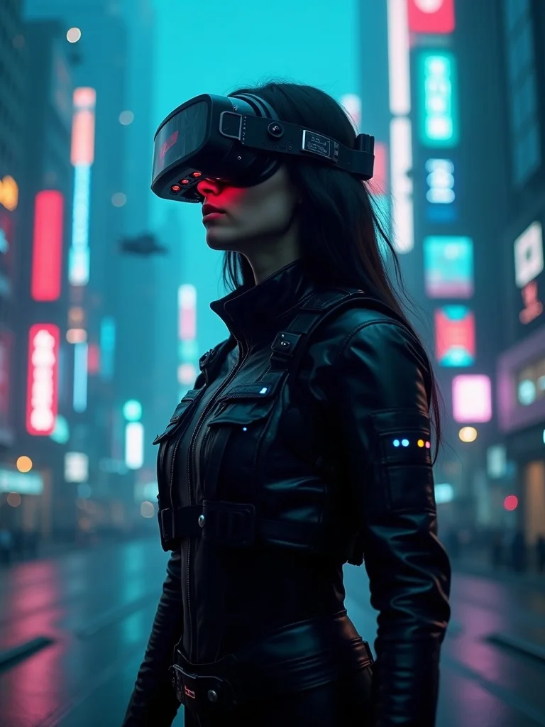 futuristic portrait of a person in sleek black tactical cyberpunk outfit with LED accents and augmen - cyberpunk AI photo