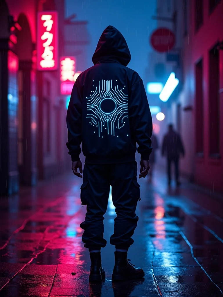 cyberpunk fashion photograph of a person wearing high-tech streetwear with glowing circuit patterns  - cyberpunk AI photo