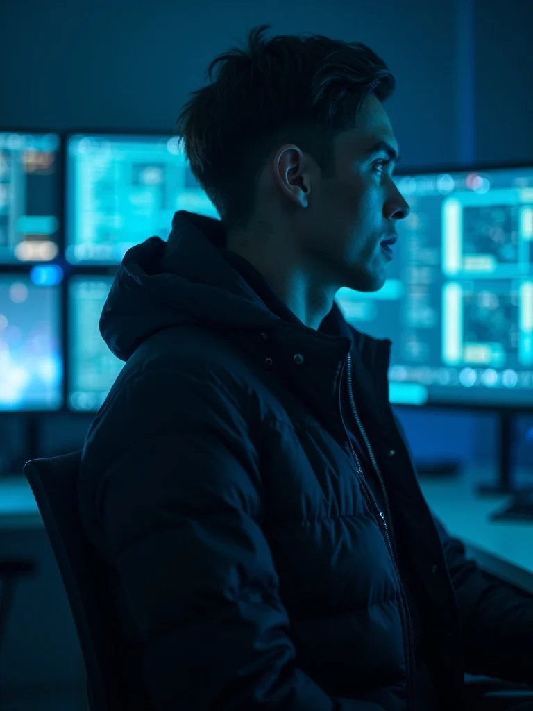 portrait of a person in cyberpunk hacker aesthetic wearing dark tech clothing with multiple screens  - cyberpunk AI photo