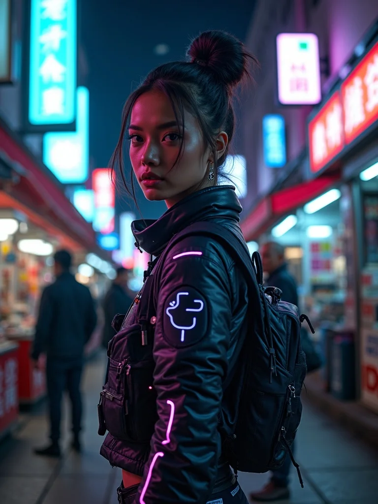 cyberpunk street fashion portrait of a person wearing layered technical clothing with luminescent de - cyberpunk AI photo