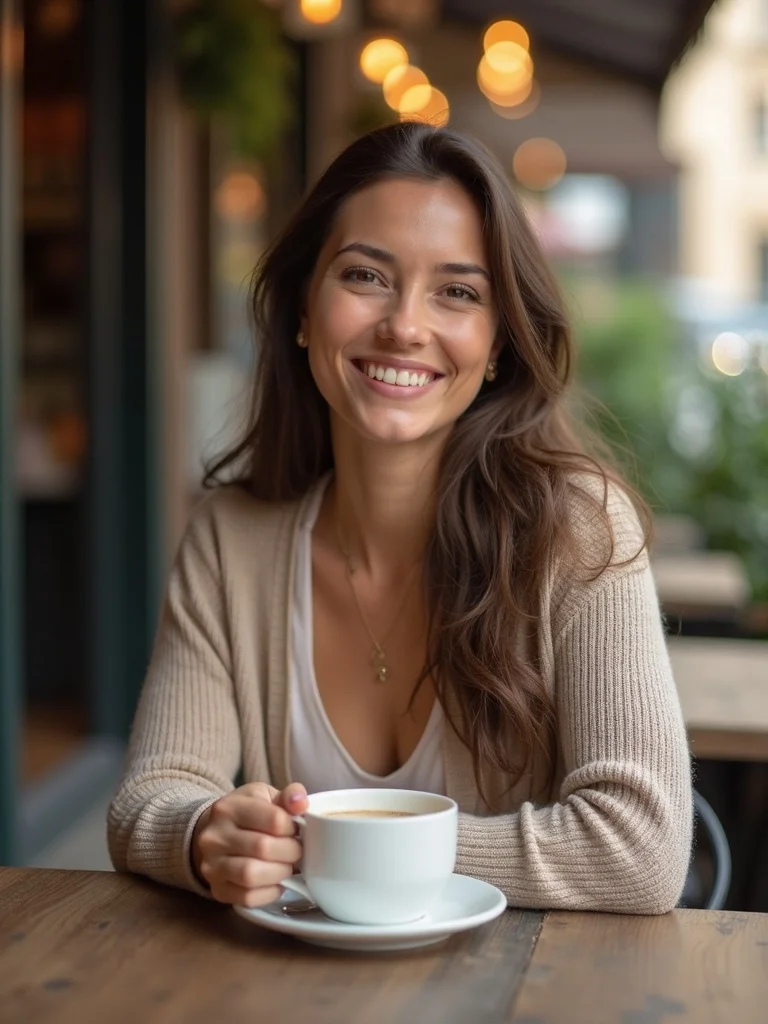 Candid lifestyle photograph of a person sitting at an outdoor cafe terrace - dating AI photo