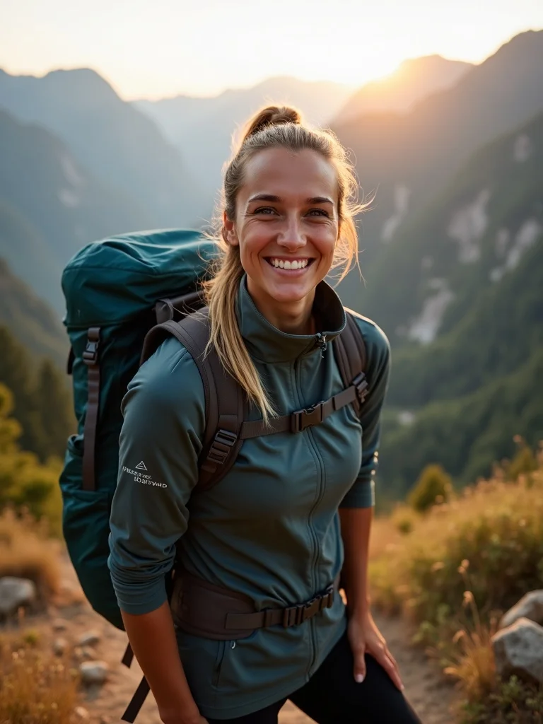 outdoor portrait of a person on a hiking trail wearing athletic outdoor clothing and backpack. Photo - dating AI photo