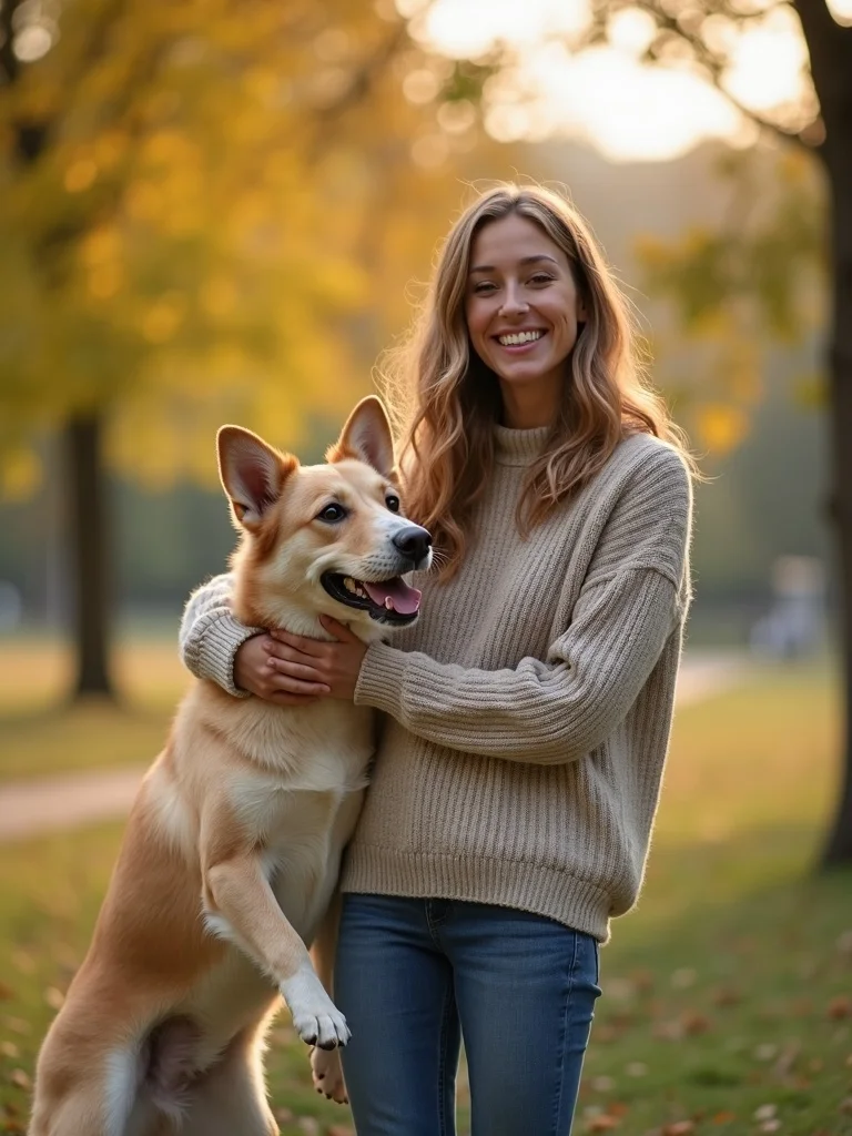 outdoor photograph of a person at a park with a friendly dog - dating AI photo