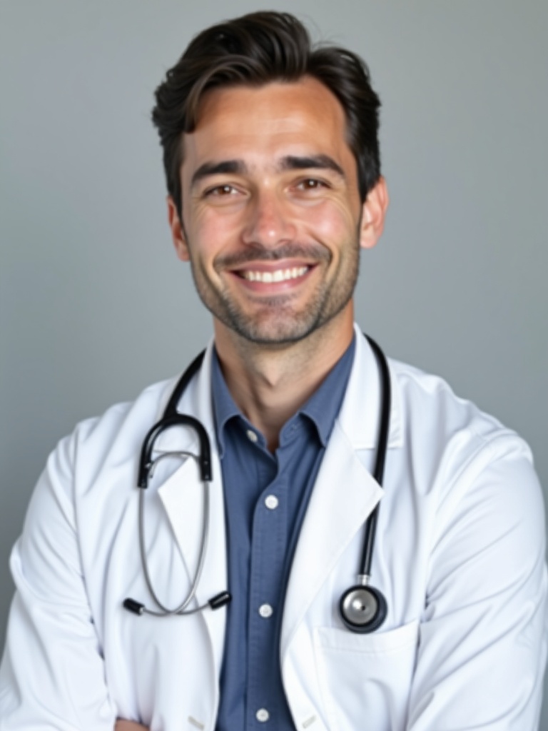 medical headshot photograph of a doctor wearing white lab coat over navy blue dress shirt with steth - doctor-headshots AI photo
