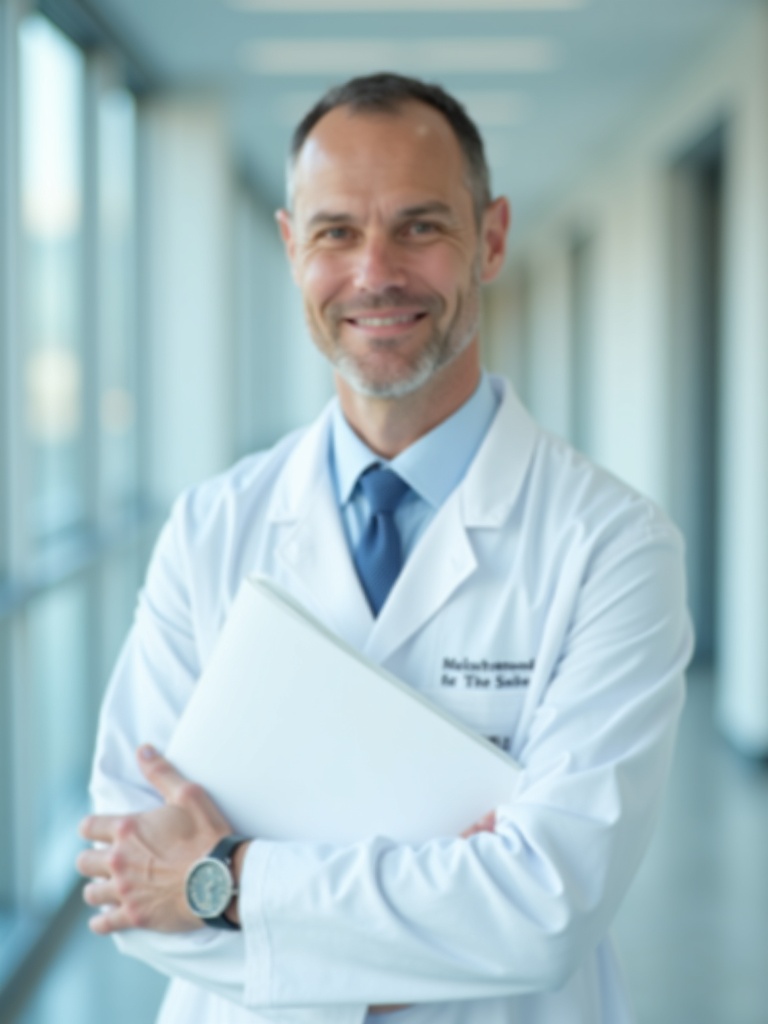 physician portrait of a doctor in white medical coat standing in modern hospital corridor with medic - doctor-headshots AI photo
