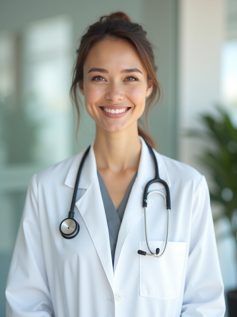 female doctor portrait wearing white medical coat over professional blouse with stethoscope - doctor-headshots AI photo