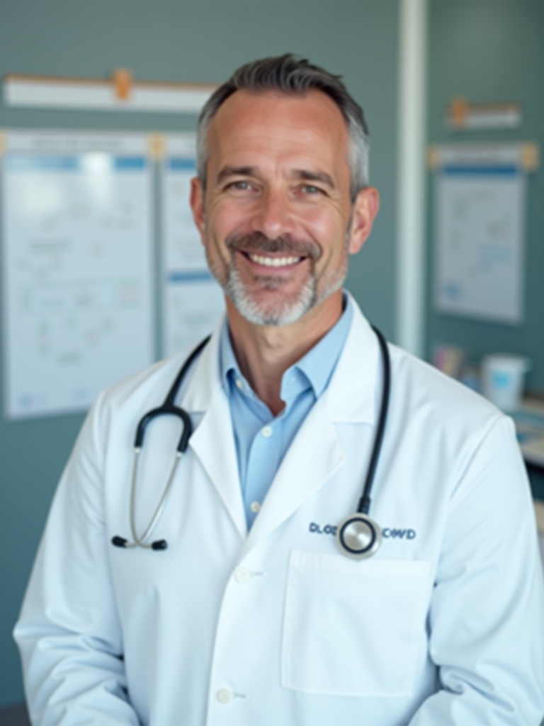 medical headshot of a doctor wearing white coat with specialty badge visible - doctor-headshots AI photo