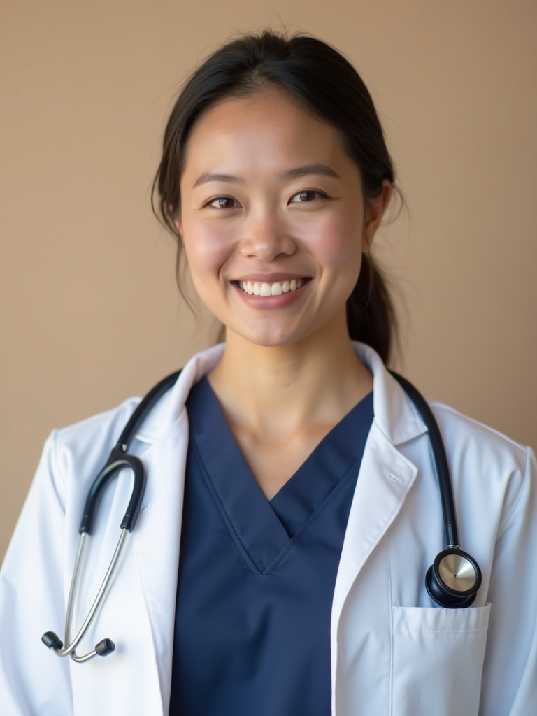 medical resident headshot wearing navy blue scrubs with white lab coat - doctor-headshots AI photo