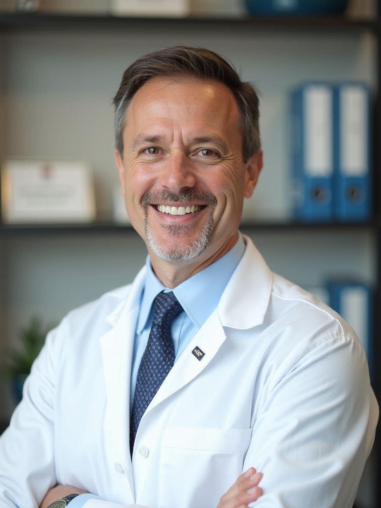 physician headshot of a doctor wearing formal business attire with white medical coat in modern medi - doctor-headshots AI photo