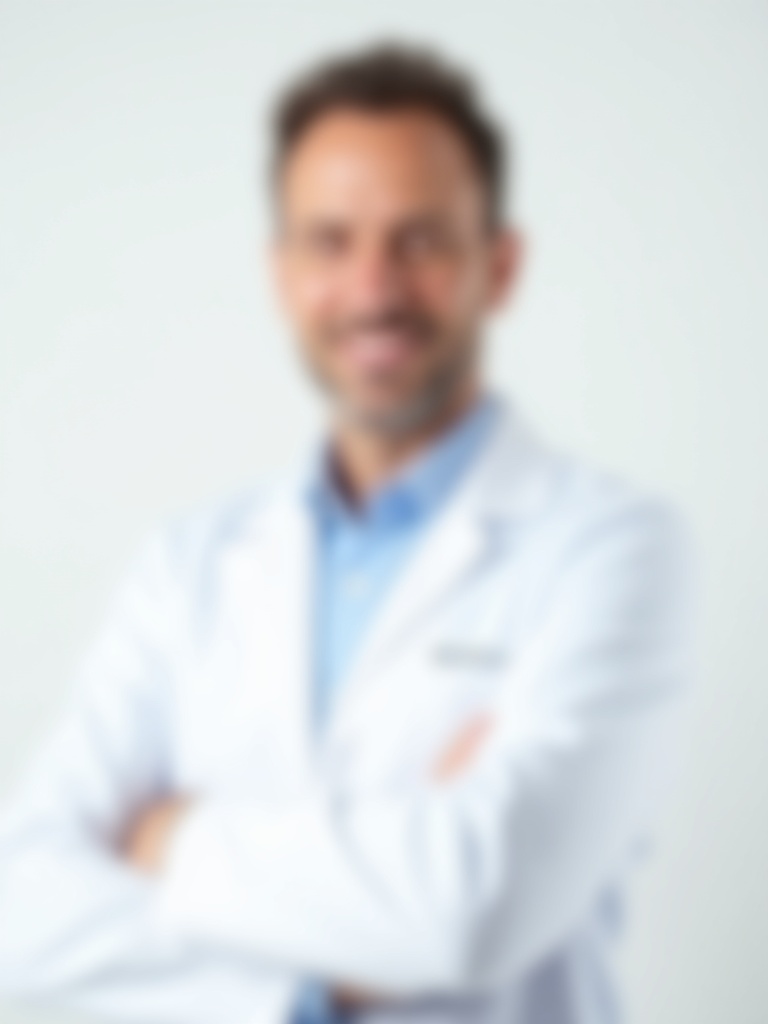male doctor headshot wearing white lab coat over light blue dress shirt - doctor-headshots AI photo