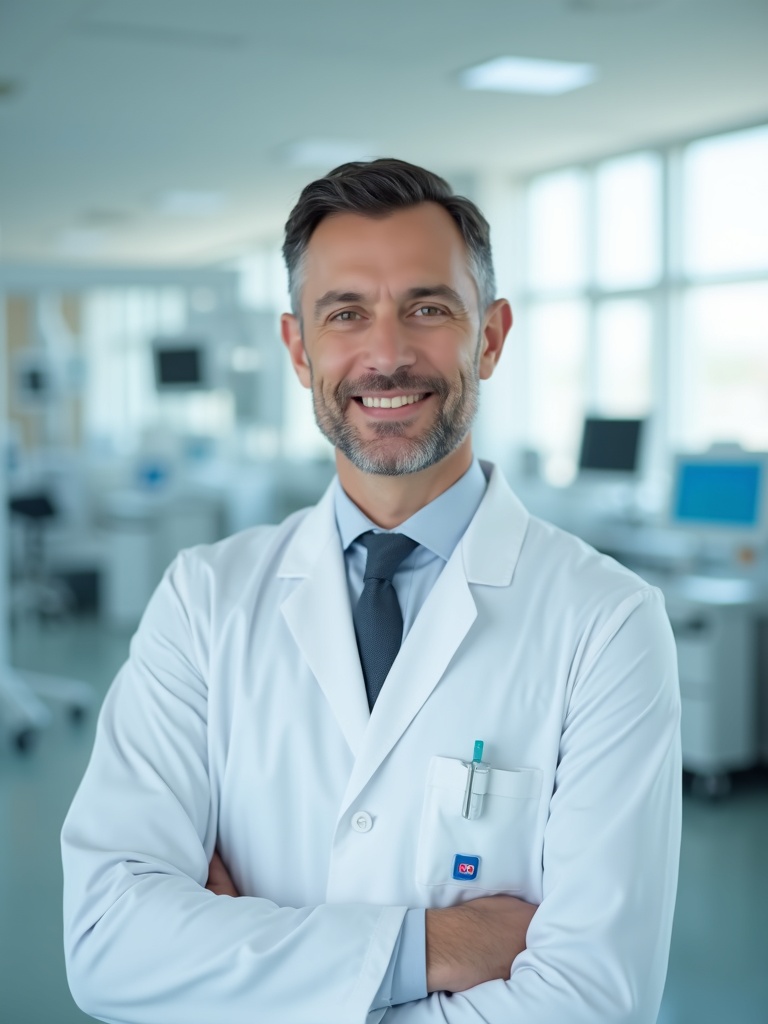 medical headshot of a doctor in white coat with hospital ID badge visible - doctor-headshots AI photo