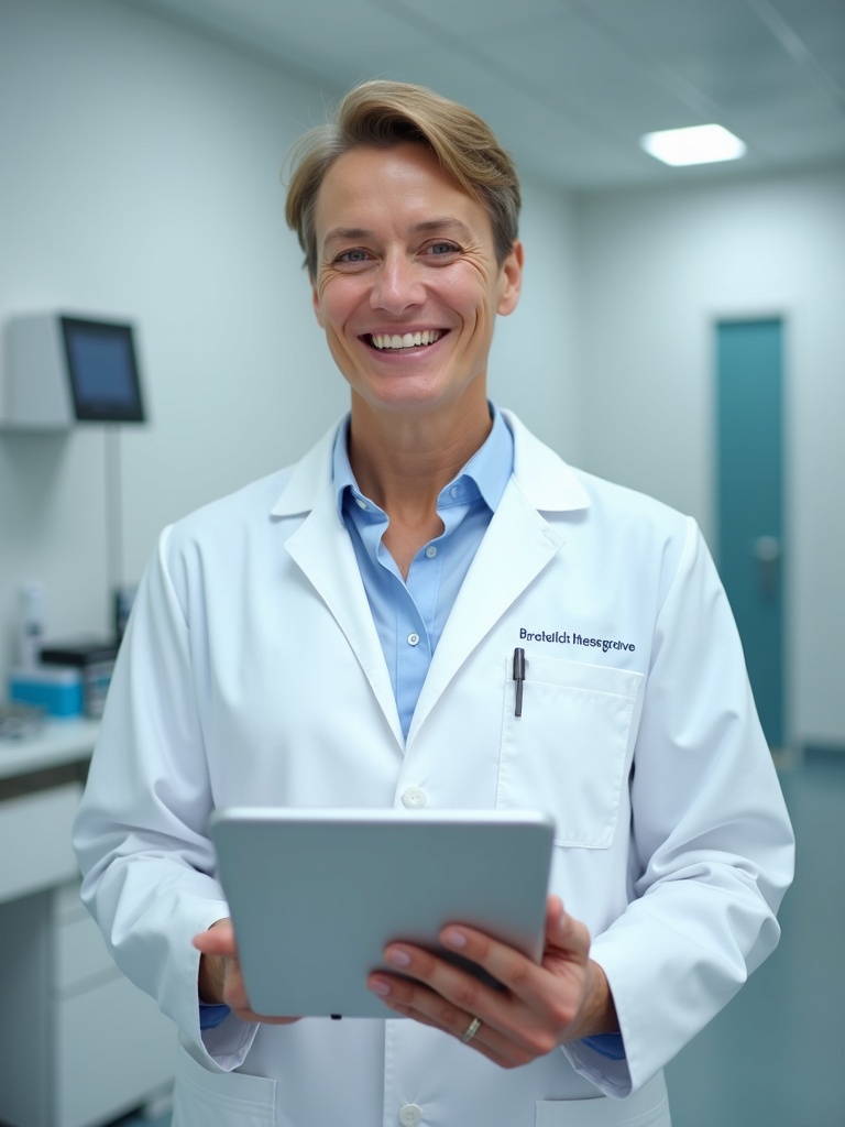 physician portrait of a doctor wearing white medical coat holding digital tablet in modern clinic ex - doctor-headshots AI photo