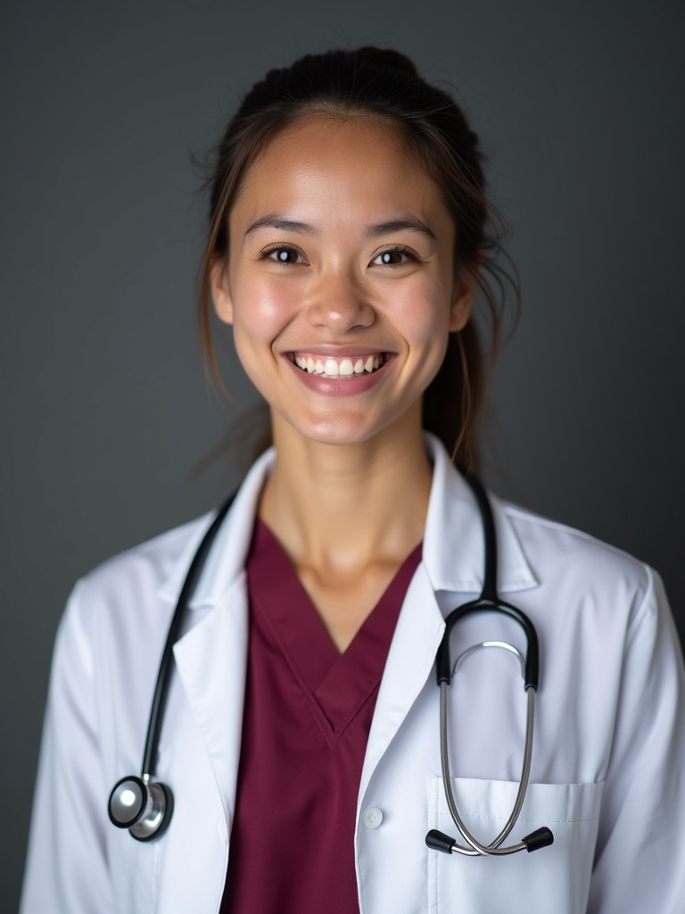 medical resident headshot of a young doctor in burgundy scrubs with white lab coat and stethoscope. - doctor-headshots AI photo