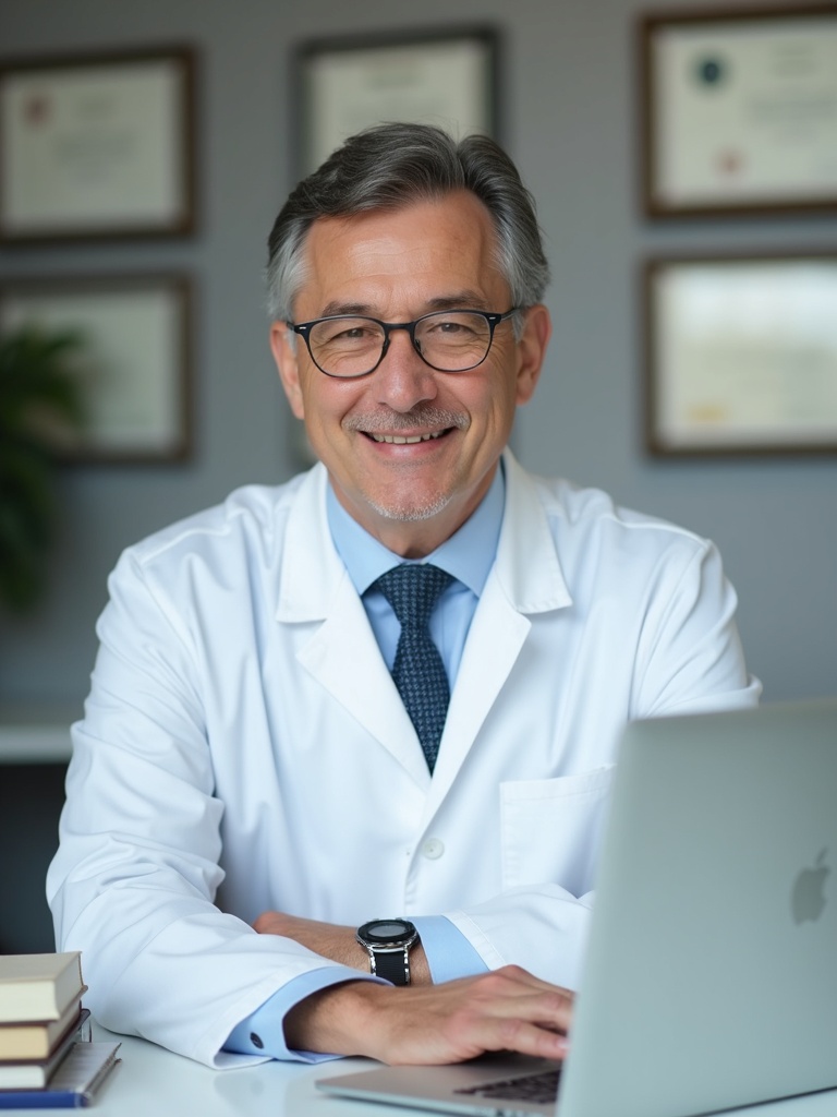 physician headshot of a doctor in white medical coat sitting at desk with medical textbooks and lapt - doctor-headshots AI photo