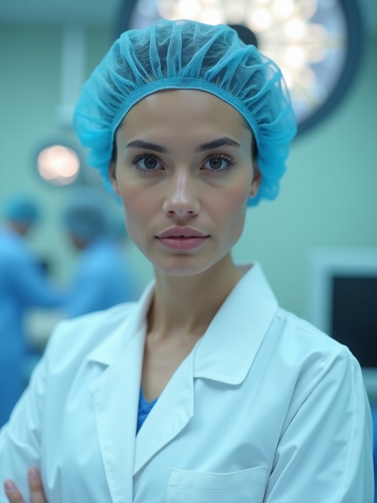 surgeon headshot wearing surgical scrubs and white lab coat in operating room setting. The person di - doctor-headshots AI photo