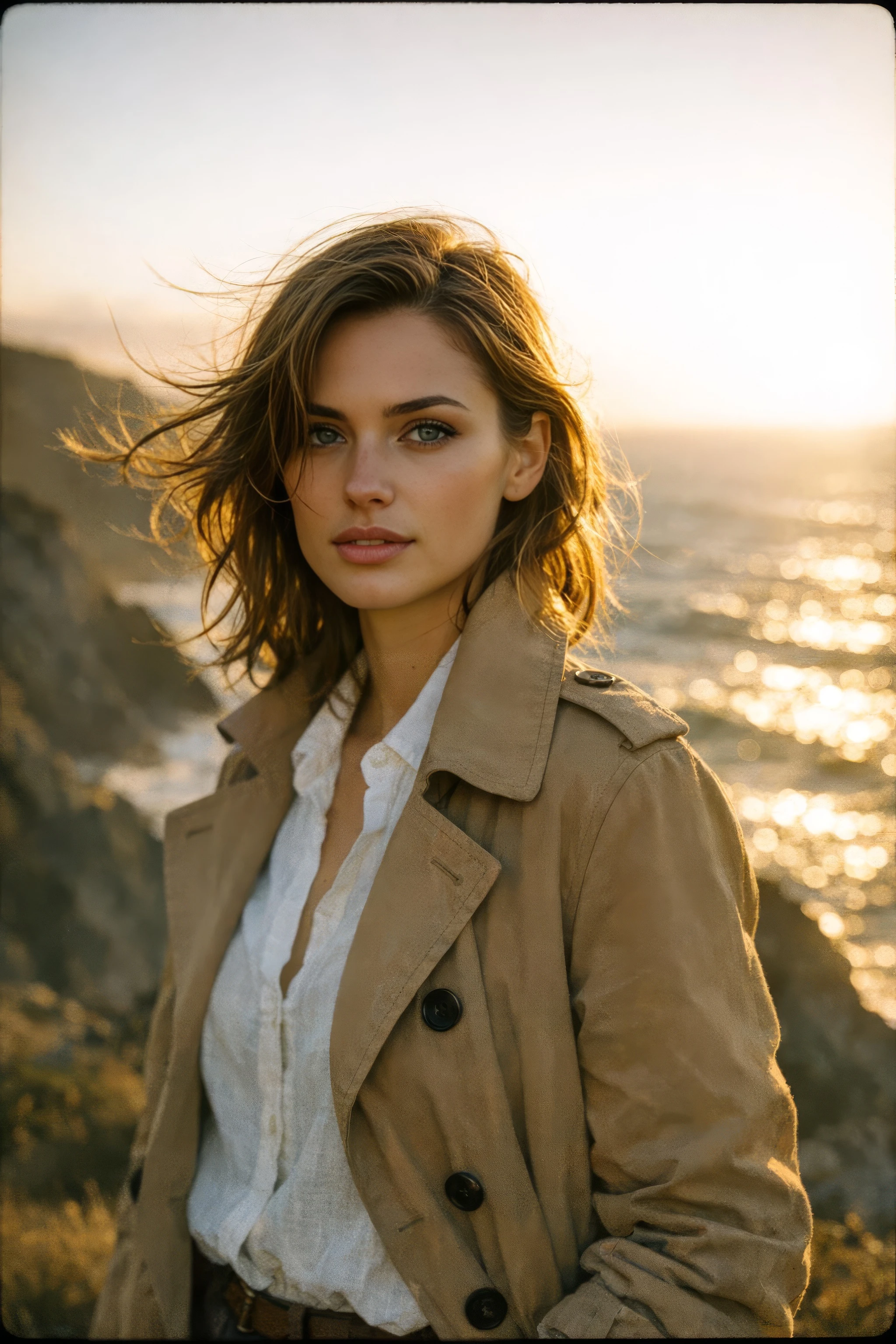 Photorealistic editorial portrait of a young woman standing on dramatic sea cliffs at golden hour - editorial AI photo