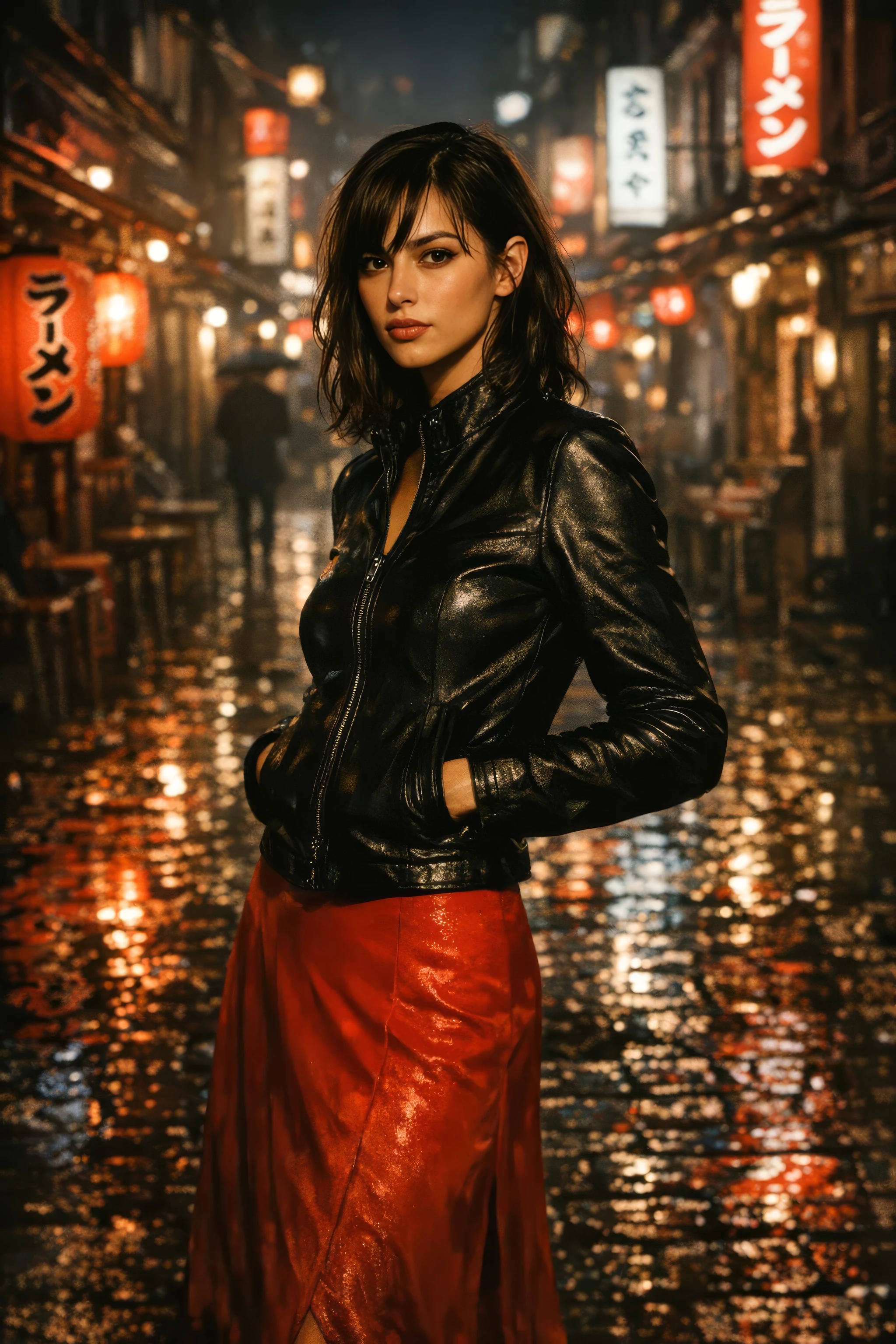 Cinematic street photography portrait of a woman in her 20s in a city at night - editorial AI photo
