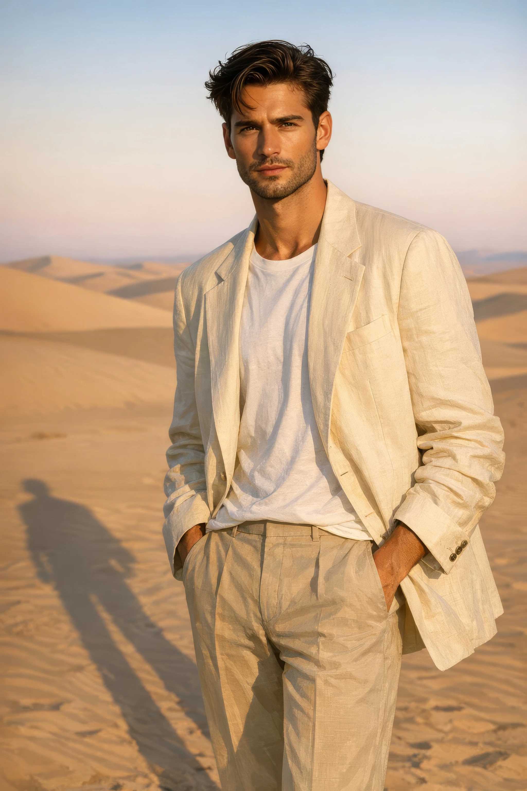 Fashion editorial portrait of a man in his late 20s in a stark desert landscape at magic hour - editorial AI photo