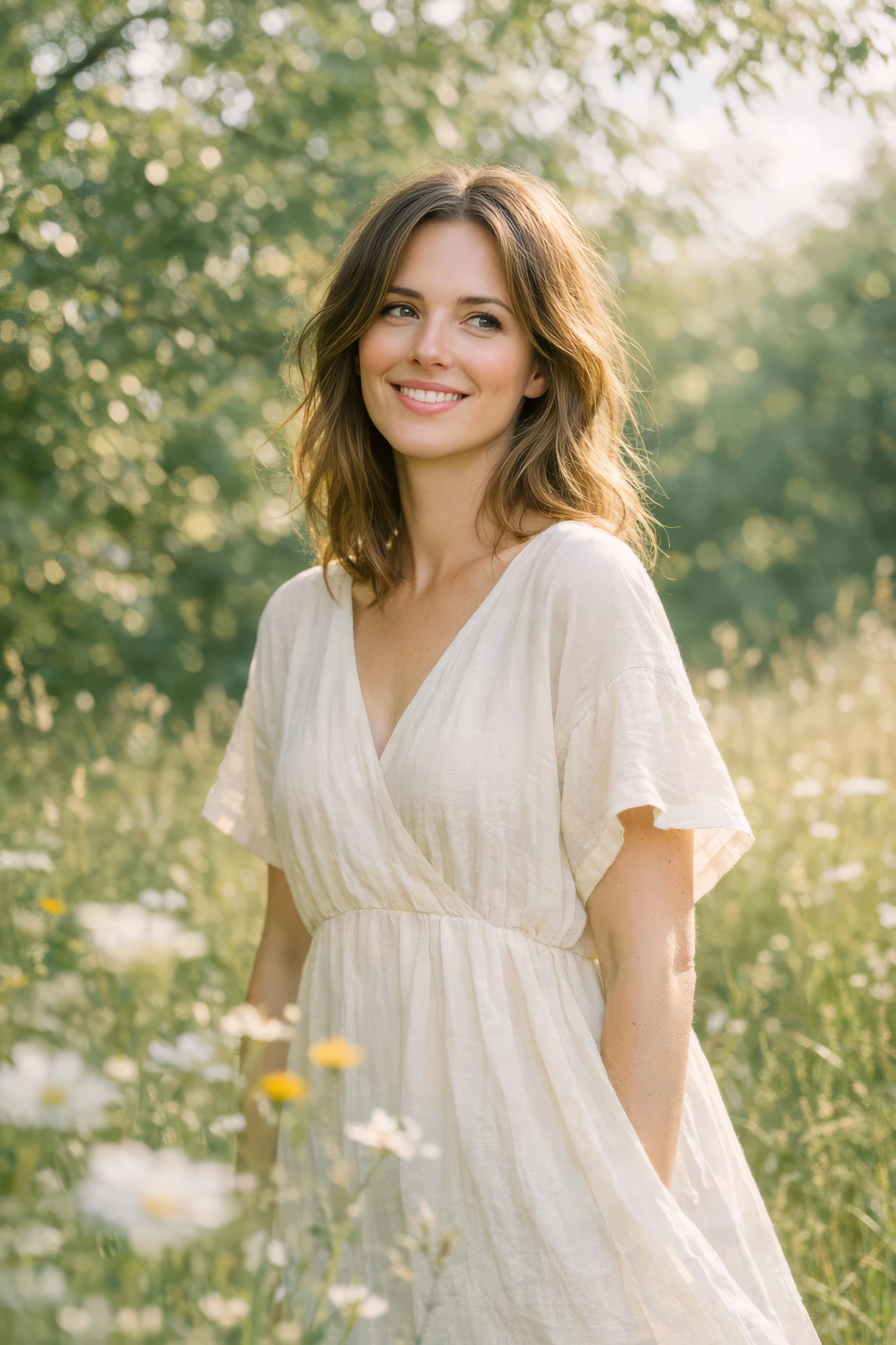Natural light editorial portrait of a woman in her early 30s in a sunlit meadow in summer - editorial AI photo