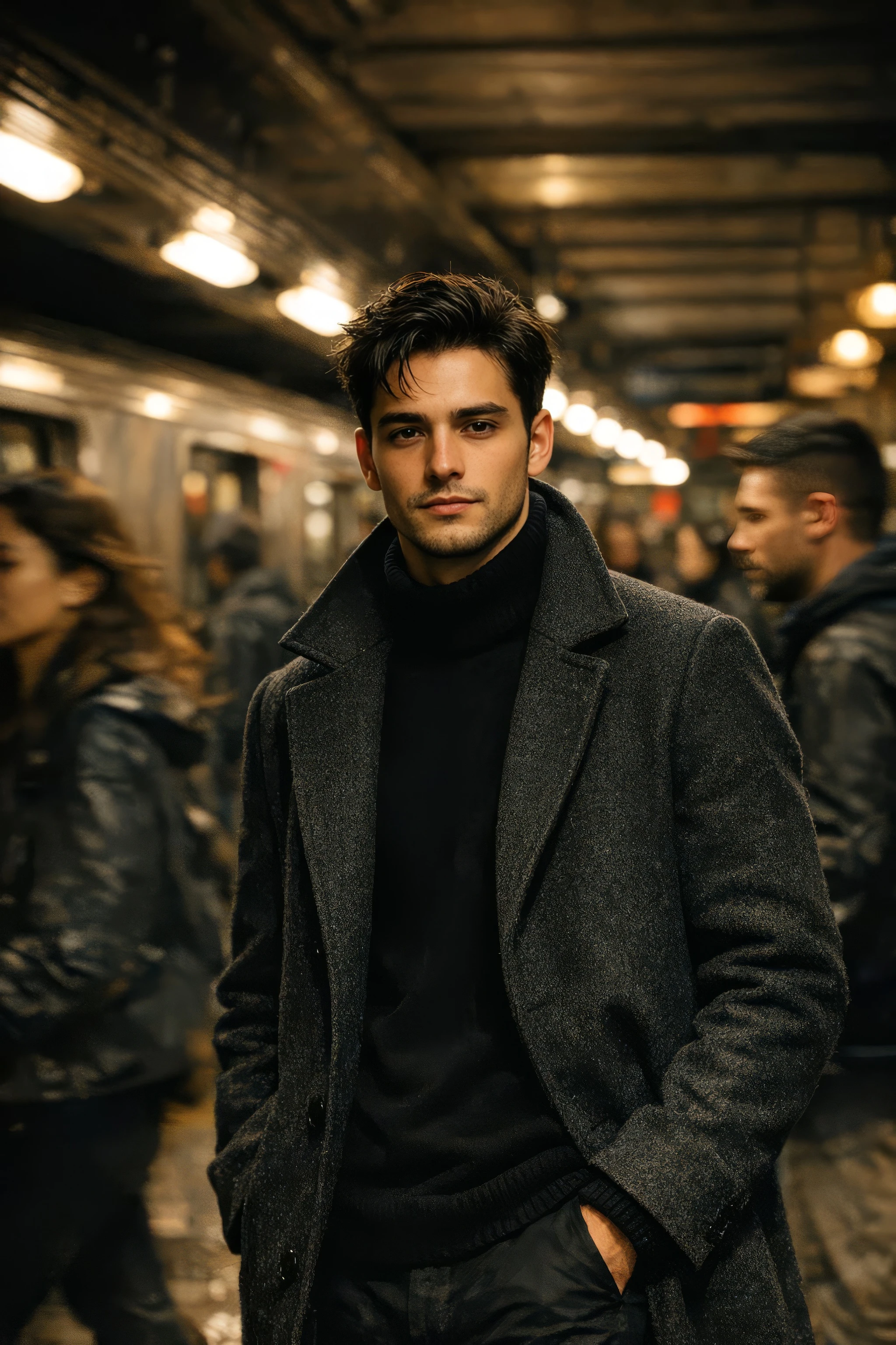 Candid urban editorial portrait of a man in his mid-20s on a busy city metro platform - editorial AI photo