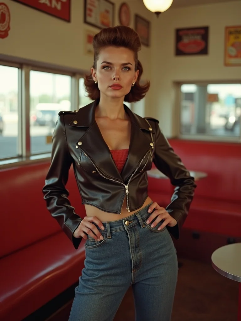 period-style photograph of a person wearing authentic 1950s rockabilly costume including high-waiste - eras AI photo