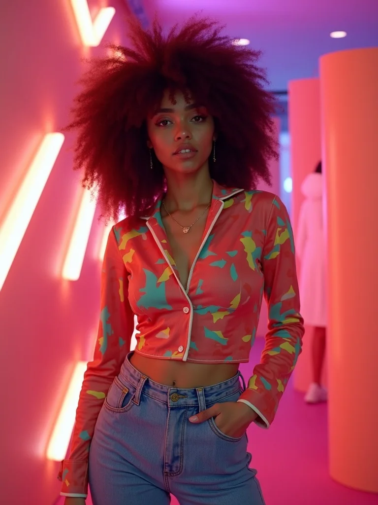 period photography portrait of a person wearing authentic 1980s fashion including bold geometric pat - eras AI photo