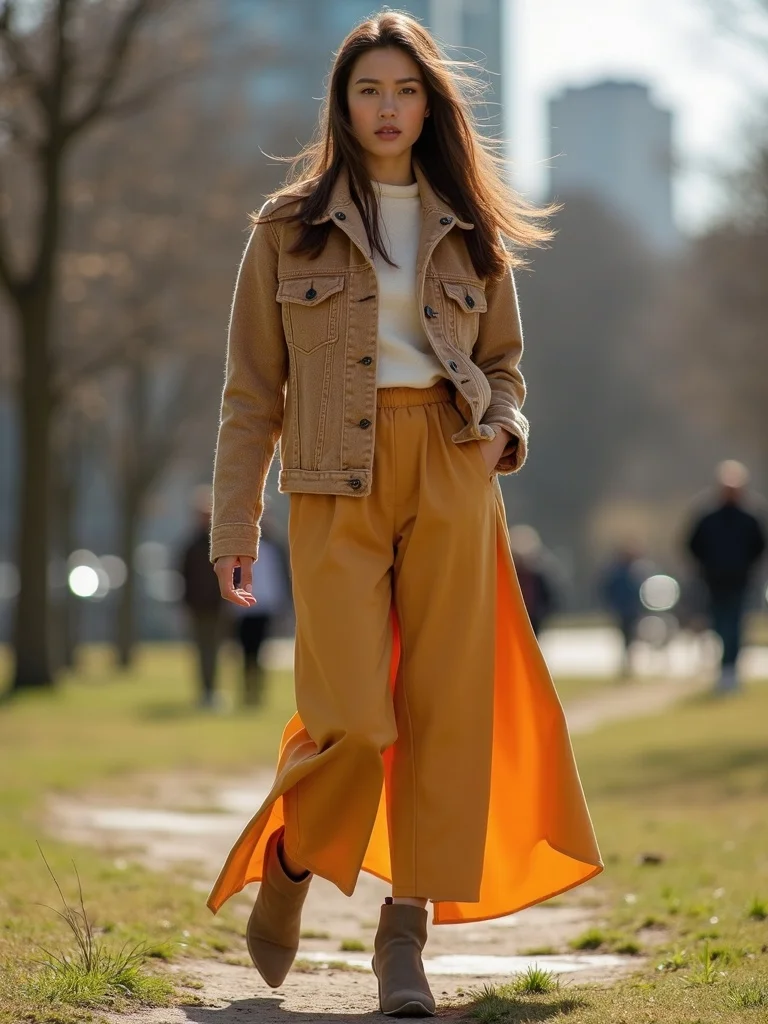 outdoor fashion photograph of a person wearing seasonal fashion collection in natural environment. P - fashion AI photo